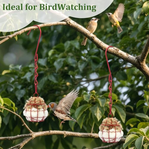 Bird Nesting Material with Wool, 2 Pack Refillable Hummingbird Nesting Material Cage Holder with Natural Cotton for Hummingbird Nest, Gift for Bird Lover, Nesting Balls Birds for Outdoor (Red Cage)