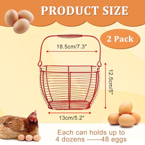 2 PCS 7" Red Wire Egg Baskets With Handle Kitchen Countertop Egg Holder | Small Metal Collecting Basket for Gathering Fresh Eggs, Chicken and Duck Eggs Hunting Basket & Counter Storage Basket - color: Red