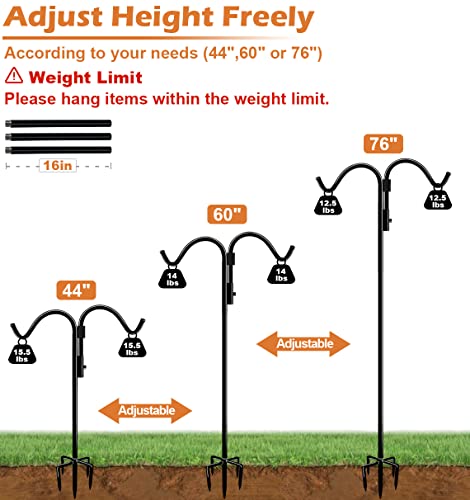 76 Inch Double Shepherds Hook for Outdoor with 5 Prong Base | Adjustable Heavy Duty Bird Feeder Pole for Hanging Flower Basket, Plant Hanger, Solar Light Lanterns, Black - size: 76in-1pcs
