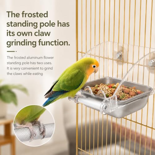 No Mess Bird Cage Feeder Large Capacity Stainless Steel Bird Feeder | No Mess Birds Food Bowl Stainless Steel Birds Bowls with Anti-Slip Perch Stand for Parakeets Budgies Parrots Cockatiels