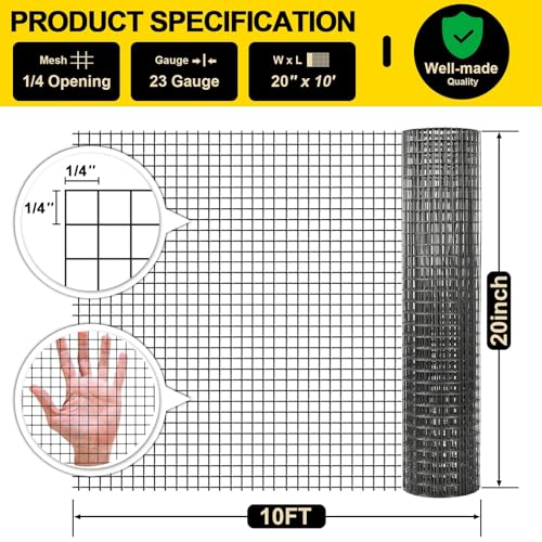 Black Hardware Cloth 20'' x 10' PVC Steel Vinyl Coated 1/4 inch Galvanized Wire Mesh Roll (23 GA) Chicken Wire Fence Roll, for coop Fences,Screen mesh, Rabbit/Snake Fences, Poultry enclosures, etc. - color: 23(GA)-1/4inch, size: 20In x 10Ft
