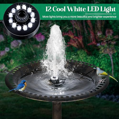 Bird Bath Fountains with 12 LED Lights, 24 Hour Working Fountain Pump with Light, Adjustable Watering Submersible Pump for Outdoor Water Garden, Pond(Cool White) - color: Cool White
