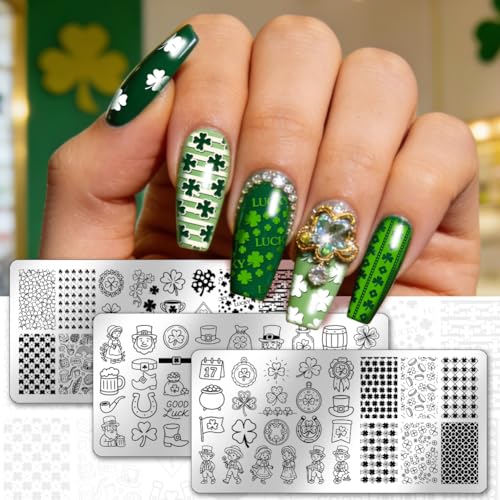 PH PandaHall 3pcs St. Patrick's Day Nail Stamping Plates, Lucky Shamrock Clovers Nail Art Templates Stainless Steel Image Plate Stencils with Tool for Women DIY Print Manicures Salon Design Supplies - style: St. Patrick's Day