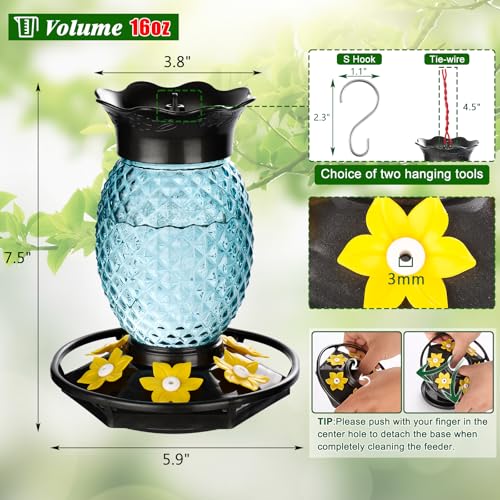 Fchstaer Glass Hummingbird Feeders for Outdoors Hanging 16oz 2 Pack Blue Pineapple Bee & Ant Proof 360°Perch Leakproof Easy Clean with 6 Feeding Ports Gifts for Mom - color: Blue-2PC
