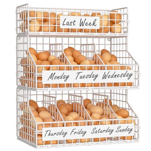 Egg Holder Countertop with 5 Dividers & DIY Nameplate to Separate Eggs | 3 Tier Stackable Wire Storage Baskets for Gathering Fresh Eggs, Wall-Mounted XXL Egg Rack, White (Patent Pending) - color: White, size: 3-Tier X-Large