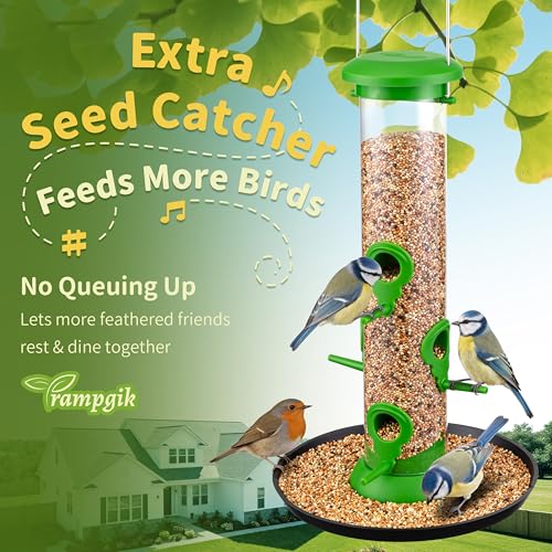 Tube Bird Feeders for Outdoors, 13" 6-Port Seed Catcher, Lawn Green, 2 PK | Spill-Proof, Removable Tray, Drainage Holes, Easy to Clean, Weather-Resistant, Durable for Outdoor - color: Lawn Green, 13 inch with tray, Pack of 2