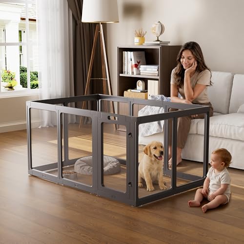 Clear Acrylic Dog Playpen Indoor, Puppy Cat Small Pet Play Pen, Pet Cat Playpen for Rabbits, Dog Fence Crate Kennel Whelping Cage (35", Black, 10 Panel) - color: Black, size: 35"H
