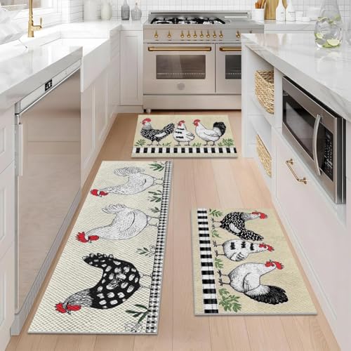 Farmhouse Kitchen Rugs Set of 3, Non Slip Washable Durable Stain Resistant Floor Mat Set,Black and White Rooster Pattern Simple Home Decor,Rooster Kitchen Runner Rug 16"X24"+20"X32"+20"X47" - color: Black and White Rooster