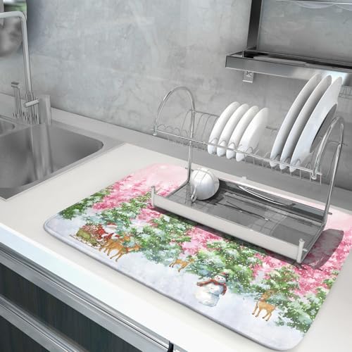 Winter Dish Drying Mats for Kitchen Counter Watercolor Forest Decoration Coffee Mat for Holiday Decor - color: Winter Forest Colorful, size: 24" x 18"