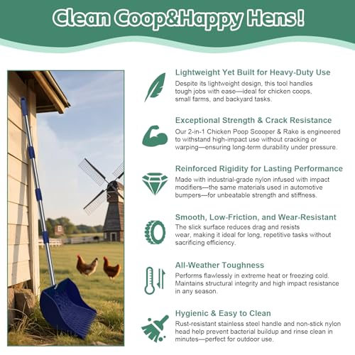 12" 2-in-1 Chicken Poop Scooper & Rake, 3-Shape Sifting Holes Chicken Coop Rake, Stainless Steel Handle (20–61") - Litter Scooper & Sand Sifting Shovel (U.S. Patent No. D1124534) - Blue - color: Blue