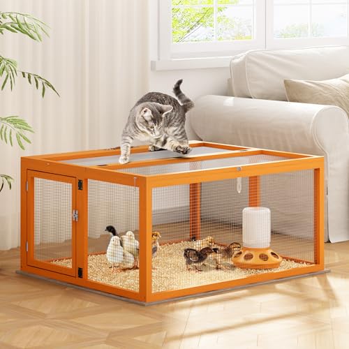 COZIWOW Chicken Coop Run Portable Chicken Cage Pens Rabbit Hutch, Orange | Wooden chicken brooder, Folding outdoor indoor small animal playpen, Top & side doors, UV-Proof panel, 4 garden stakes, 43.3" - color: Orange