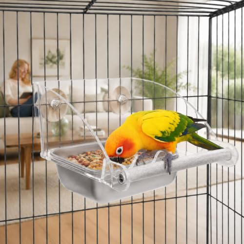 No Mess Bird Cage Feeder Large Capacity Stainless Steel Bird Feeder | No Mess Birds Food Bowl Stainless Steel Birds Bowls with Anti-Slip Perch Stand for Parakeets Budgies Parrots Cockatiels