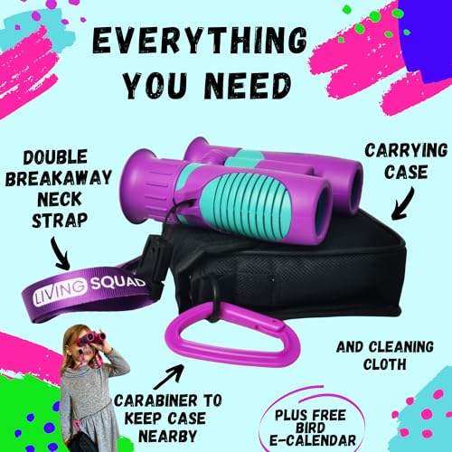 Kids Binoculars Ages 3-12, 8x21 Compact Shockproof Purple | bird watching, hiking, outdoor adventures, includes carry case, neck strap, compass, carabiner, high resolution optics - color: Purple