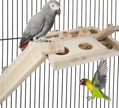 FlidRunest Wooden Bird Foraging Puzzle Platform with Climbing Ladder for Parrots, Parakeet, Cockatiel, Sun Conures - Birds Interactive Mental Enrichment Toy, Bird Seed Slow Feeder Toy for Cage