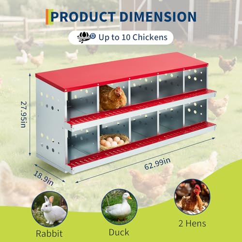 62.99" Metal Chicken Nesting Box, 10-Compartment 2-Tier Poultry Nest Box with Perch and Ventilation Holes, Red Roof Hen Laying Box for Up to 10 Chickens - color: Red A, size: 63.0"L x 18.9"W x 28.0"H