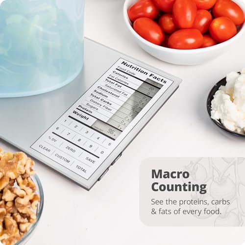 Greater Goods Perfect Portions Nutrition Food Scale for Carb Counting, Grey | Plan meals & size every portion with instant nutrition facts on 2,000 foods, custom recipe codes, daily totals, 11lb capacity