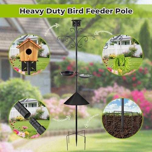 Bird Feeder Pole Stand - 92 Inch Bird Feeding Station for Outdoor Outside, Heavy Duty Adjustable Birdhouse Pole Standing with Base Kit, Includes 4 Hook Water Basin Tray for Garden Yard