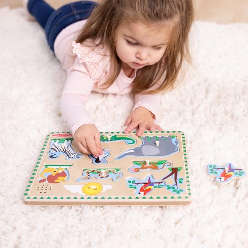 Melissa & Doug Zoo Animals Sound Puzzle – 8-Piece Wooden Peg Puzzle with Light-Activated Sounds, Music Learning Toy for Toddlers and Preschoolers Ages 2+ - size: 11.8 x 8.8 x 1.25, style: Zoo Animals