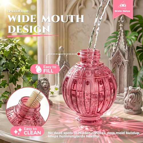 Glass Hummingbird Feeder for Outdoors Hanging, 26 fl oz Bird Nectar Feeder | 5 Metal Flower Feeding Ports, 360° Perch Ring, Easy Refill & Clean, Leakproof, Ideal for Backyard Garden Outdoor Decor, Pink - color: Pink