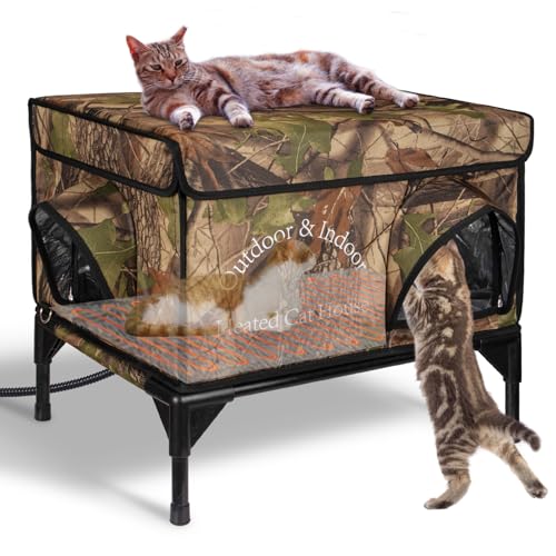 Heated Cat House for Outside Cat in Winter, Insulated Outdoor Feral Cat Shelter with Cat Heating Pad, 2 Doors,Elevated Waterproof Heated Kitty House (Camouflage, 21.5"x16.5"x18") - style: camouflage Cat House 04