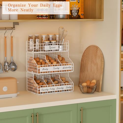 Egg Holder Countertop with 5 Dividers & DIY Nameplate to Separate Eggs | 3 Tier Stackable Wire Storage Baskets for Gathering Fresh Eggs, Wall-Mounted XXL Egg Rack, White (Patent Pending) - color: White, size: 3-Tier X-Large