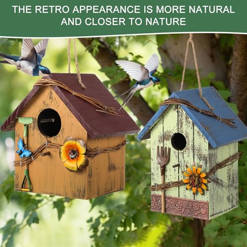 DoubleFill 2 Pcs Birdhouses for Outdoor Hanging Yard Outside Wooden Birdhouse Hand Painted Bird Box for Bird Lovers Bluebird Tree Garden Decor Decorative Birdhouse(Blue,Yellow,Wooden Roof) - color: Blue,Yellow, size: Wooden Roof