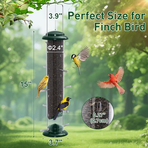 Finch Feeders for Outside, Nyjer & Thistle Bird Feeders, 15 Inch Tube Feeder with 12 Small Ports & 8 Perches, Durable Metal Design for Outdoor Hanging, Easy Fill & Clean