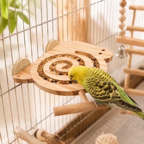 Bird Foraging Toy with Perch, Wooden Spiral Treat Feeder for Small & Medium Birds, Parakeet, Budgie, Cockatiel, Lovebird and Conure Cage Enrichment Toy