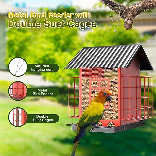 FlowaFoli Bird Feeders for Outdoors Hanging, Metal Bird Feeder with Double Suet Cage Cake, Large Capacity, Birdfeeders Sturdy & Weatherproof, Easy to Clean & Refill, Great for Attracting Wild Birds - color: Red