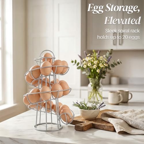 Flexzion Egg Skelter Modern Spiral Egg Holder Countertop (Medium Egg Display) - Freestanding Wired Countertop Egg Holder for Fresh Eggs, Dispenser Stand, Storage Rack for Kitchen, Silver | Wire Chicken Egg Basket and Rotating Skelter Rack for Fresh Egg St