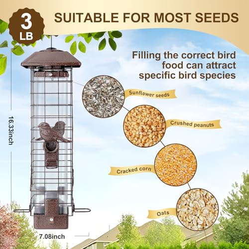 Squirrel Proof Bird Feeder for Outdoors Hanging, Metal 3LB Feeder | Weight activated gravity protection metal feeder with 4 ports for wild birds, chew proof hanging birdfeeder for cardinals