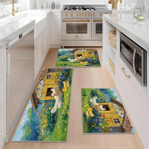 Farmhouse Kitchen Rugs Set of 3, Non Slip Washable Durable Stain Resistant Floor Mat Set,Chicken Flock Garden Pattern Warm Home Decor,Rooster Kitchen Runner Rug 16"X24"+20"X32"+20"X47" - color: Multicolour-chicken Flock Garden