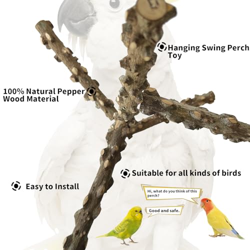 FlidRunest Bird Perch, Hanging Bird Tree Ceiling Perch Swing Toy, Natural Pepper Wood Bird Training Toy for Parrot Parakeet Cockatiel Conure Small-Medium Birds