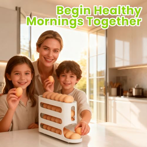 Egg Holder For Fridge, Automatic Rolling Dispenser | Space-Saving Side Door Storage Rack, Generous Design Accommodates Up To 30 Eggs - color: white