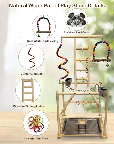 Bird Play Stand, Large Parakeet Playground, Natural Wood Parrot Perch Stand, Birds Play Gym Cockatoos Cage Accessories with Feeder Cups Swings for Cockatiel Budgie Conure