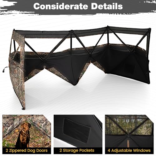Tangkula 4-Panel Hunting Blind with Dog Door, 1-3 Person Pop-Up 3-Sided 360° See Through Ground Blind with Resilient Oxford Fabric, 4 Silent Windows, Carrying Bag for Deer & Turkey Hunting