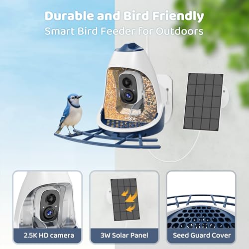 Smart Bird Feeder with Camera Solar Powered, Built-in 2K HD Camera | Motion Alerts & App Sharing, Wireless Outdoor Smart Birdhouse Dual Seed Chambers & Spill Resistant–Ideal for Bird Lovers - color: Deep Blue