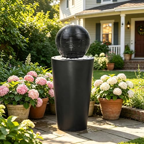 Autodaya 30"H Ceramic Sphere Water Fountain with LED Light for Garden Patio | Modern Minimalist Design, Black Glaze with White Pebbles, Soothing Trickling Water Feature, Artistic Charm, Tranquil Ambiance - color: 30"h Black