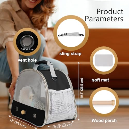 Bird Carrier, Portable Small Bird Parrot Parakeet Carrier with Standing Perch and Soft Mat, Side Access Window Collapsible (Black, Mesh Windows) - color: Black