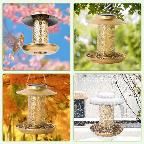 Bird Feeder for Outdoors Solar Hanging Bird Feeder Bird House with Cardinal Feeder Large Capacity Metal Wild Bird Feeder for Garden Decor Unique Gifts & Patio Decor (Bronze, 8 INCH)
