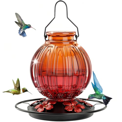 Glass Hummingbird Feeder for Outdoors Hanging, 26 fl oz Bird Nectar Feeder | 5 Metal Flower Feeding Ports, 360° Perch Ring, Easy Refill Clean, Leakproof, Ideal for Backyard Garden Decor, Orange & Red - color: Orange-Red Gradient