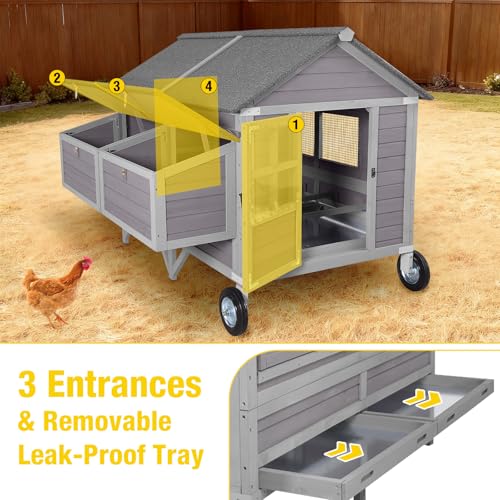 Extra Large Mobile Chicken Coop with Wheels – Outdoor Hen House for 6-8 Chickens, Weatherproof Asphalt Roof, Sectionable Nesting Box with Pull-Out Tray - color: Grey, size: 68.1"L x 53.9"W x 49.0"H