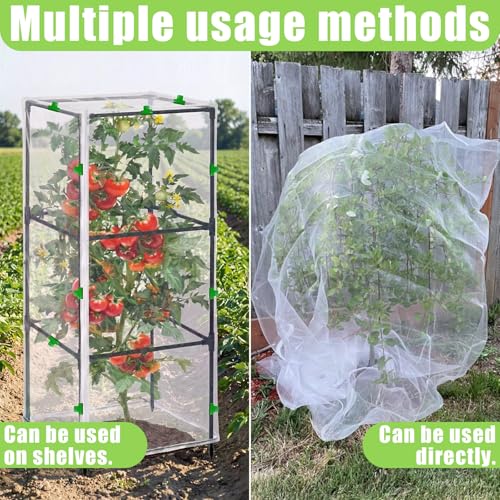 3 PCS Garden Bird Netting Plant Cover for Square Tomato Cage, 59"X15.8"Insect Bird Barrier Tomato Cage Net with Zipper & Drawstring Lawn Staples and Windproof Clips, Netting for Protecting Plant - size: 59INCH