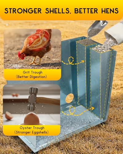 Magicfly 85 lbs Chicken Feeder No Waste, Large Metal Chicken Feeder Box | 12 Bell-Mouth Feeding Port, Grit & Oyster Shell Trough, Chick Feeder on Wheels for Chickens, Ducks - size: 85 lb