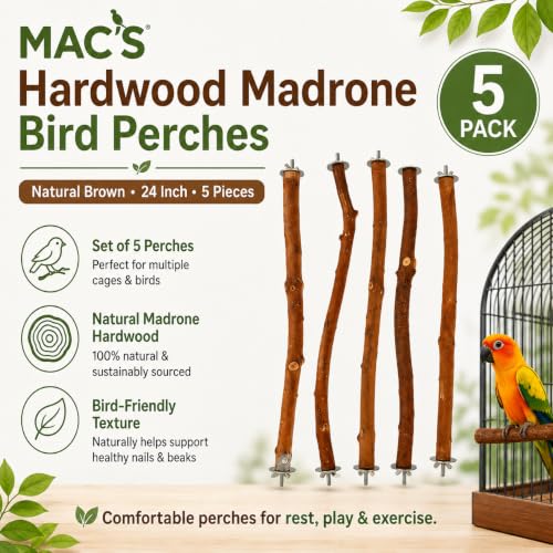 MAC'S Hardwood Madrone Bird Perches, Natural Brown 24 inch Harwood Madrone Wood 5 Pieces
