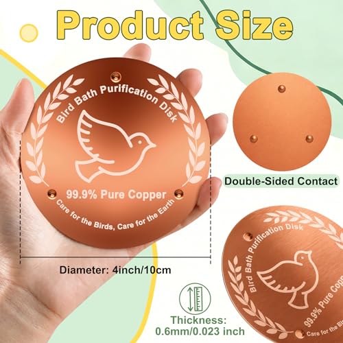 Bird Bath Copper Disk 2 Pack, 99.99% Pure Copper Bird Bath Cleaner with Triple-Point Support, 4 Inch Thick Chemical-Free Natural Water Cleaner for Outdoor BirdBaths, Bowls, All-Season Use - color: 2 Pack