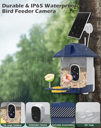 Smart Bird Feeder with Camera,5200mAh Battery with Solar Panel,4K Native Resolution Live View,AI Species Identification,Auto Capture & Instant Arrival Alert, Ideal Gift for Bird Lovers -Blue - color: Blue