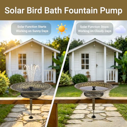 Solar Bird Bath for Deck Railing, 12.6“ Metal Solar Powered Bird Bath | Bird Bath Fountain with Bubbler, 3.5” Adjustable Clamp for Balcony & Patio, 2-in-1 Deck Bird Feeder for Garden Yard, Gold - color: Gold