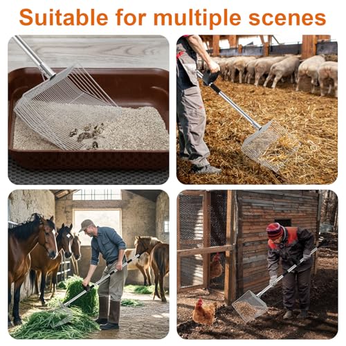 Chicken Poop Scooper with Ergonomic Grip | 15-inch Large Sifting Head, Adjustable Length 24 to 70", Stainless Steel, for Chicken Coop/Goat Stall/Stable Cleaning