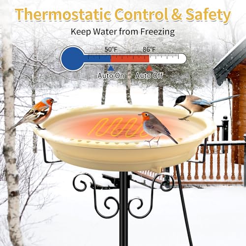 Lovppy Heated Bird Baths for Outdoors for Winter, 100W Heated Birdbath Water Heater with Thermostatically Controlled, Heated Bird Baths Bowl with Metal Stake for Outside Garden Patio Yard (Khaki) - color: Khaki
